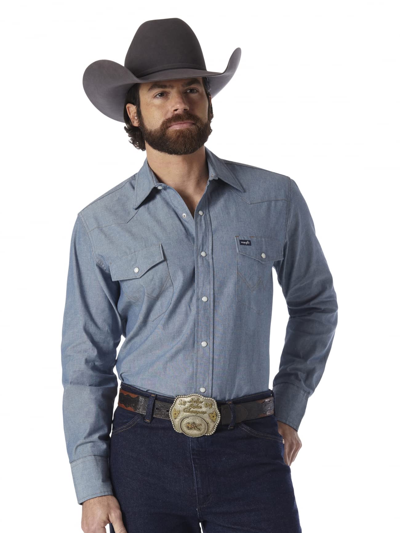 Wrangler Men's Western Long Sleeve Work Shirt - Durable Cotton Button-Up for Ranch, Farm & Outdoor Work - Casual Cowboy Style Shirt for Rodeo, Riding & Country Wear