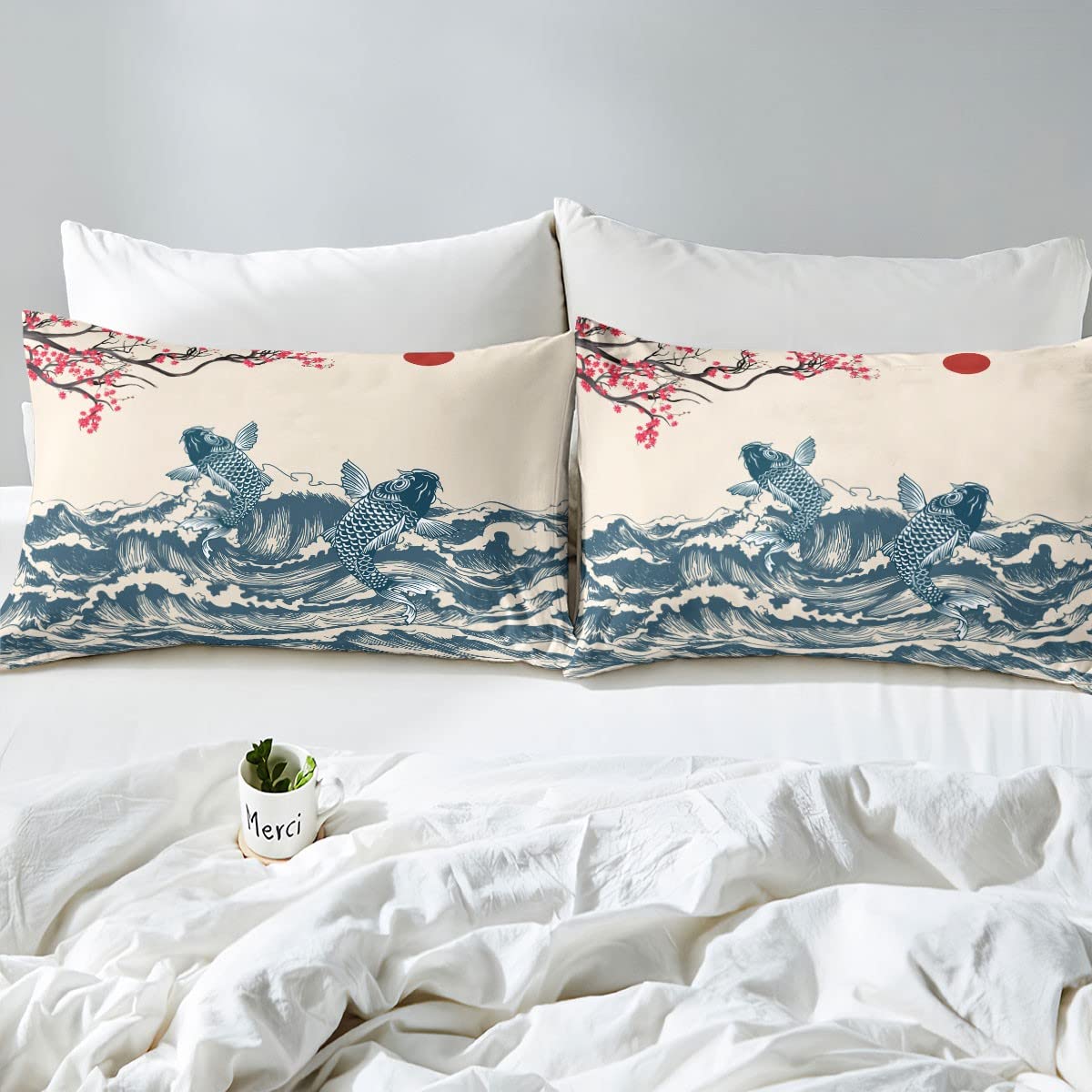 Manfei Waves Queen Size 4-Piece Sheet Set - Koi Cherry Blossom Sunrise Japanese Art Design, Deep Pocket Fitted Sheet + Flat Sheet + 2 Pillowcases, Soft Breathable Bedding for Kids & Teens Bedroom Decor - Perfect for Spring Refresh & Asian-Themed Room Makeover