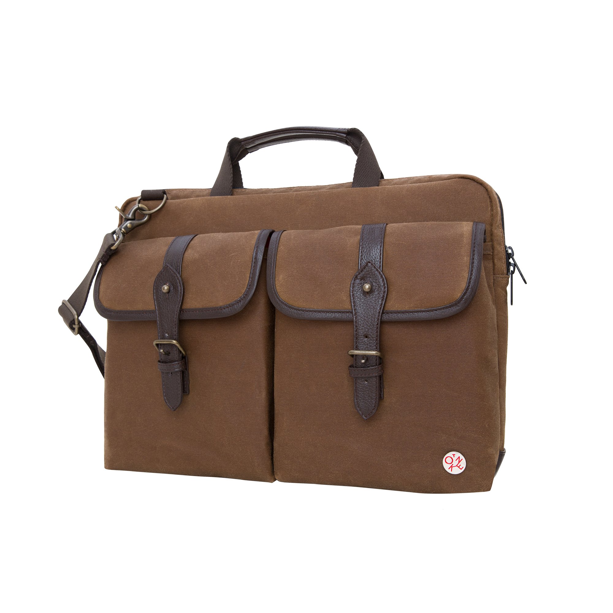 Waxed Canvas Knickerbocker Laptop Bag 15 Inch - Field Tan & Dark Brown Vintage Messenger Bag for Work, School & Travel | Durable Water-Resistant Briefcase for Men & Women
