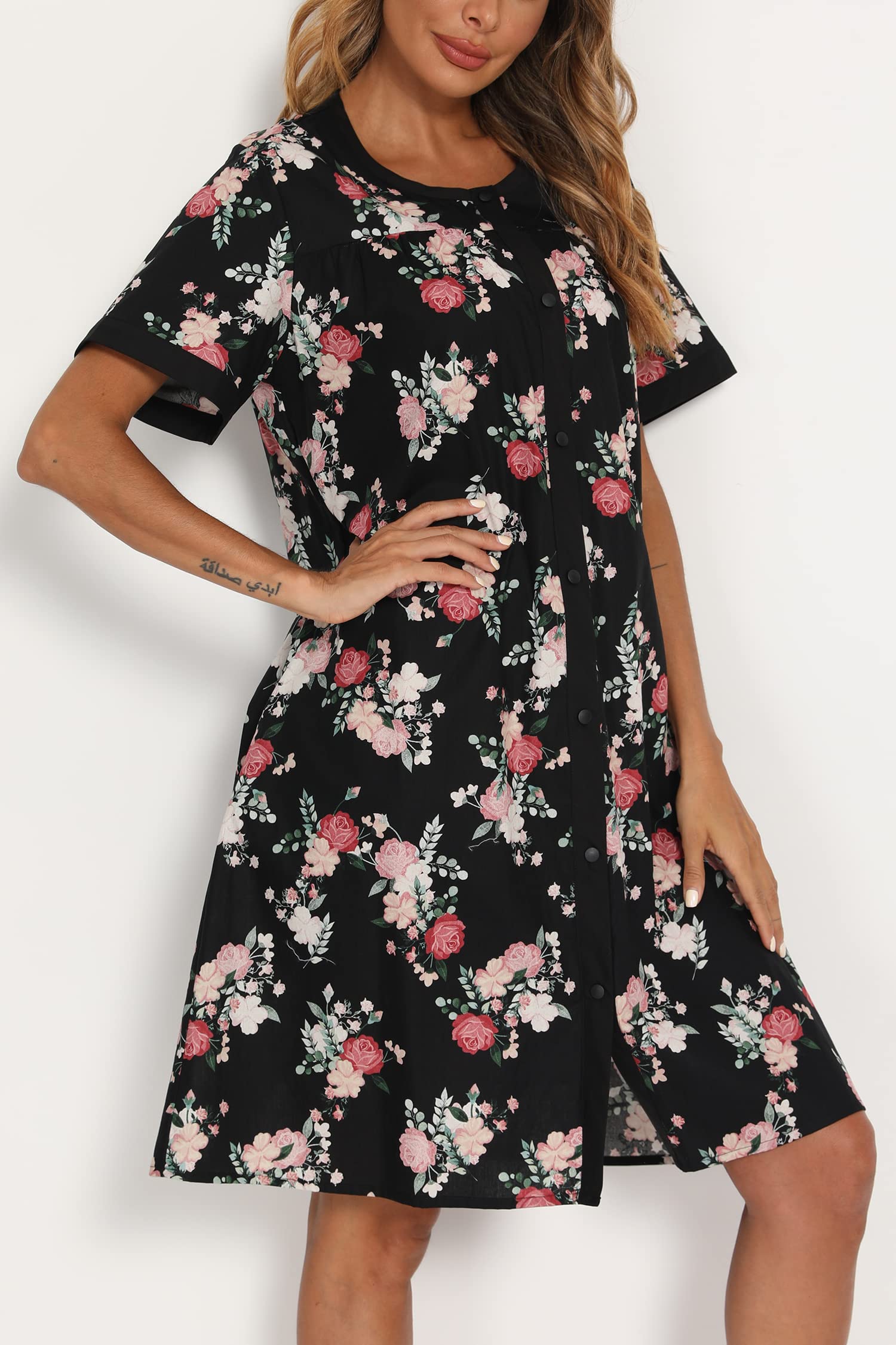 YOZLY Women's Short Sleeve House Dress - Comfortable Cotton Duster Robe with Pockets | Perfect for Lounging, Morning Coffee & Nursing Maternity Wear