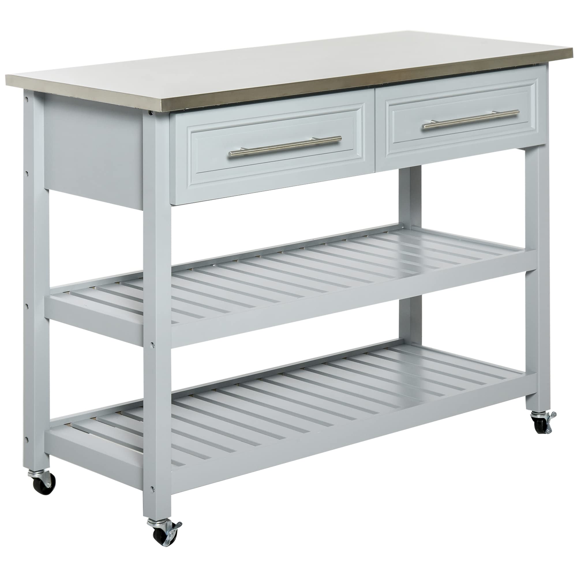 HOMCOM Stainless Steel Kitchen Island Cart with 2 Drawers & Wheels - Grey Utility Trolley for Small Space Cooking, Baking & Food Prep