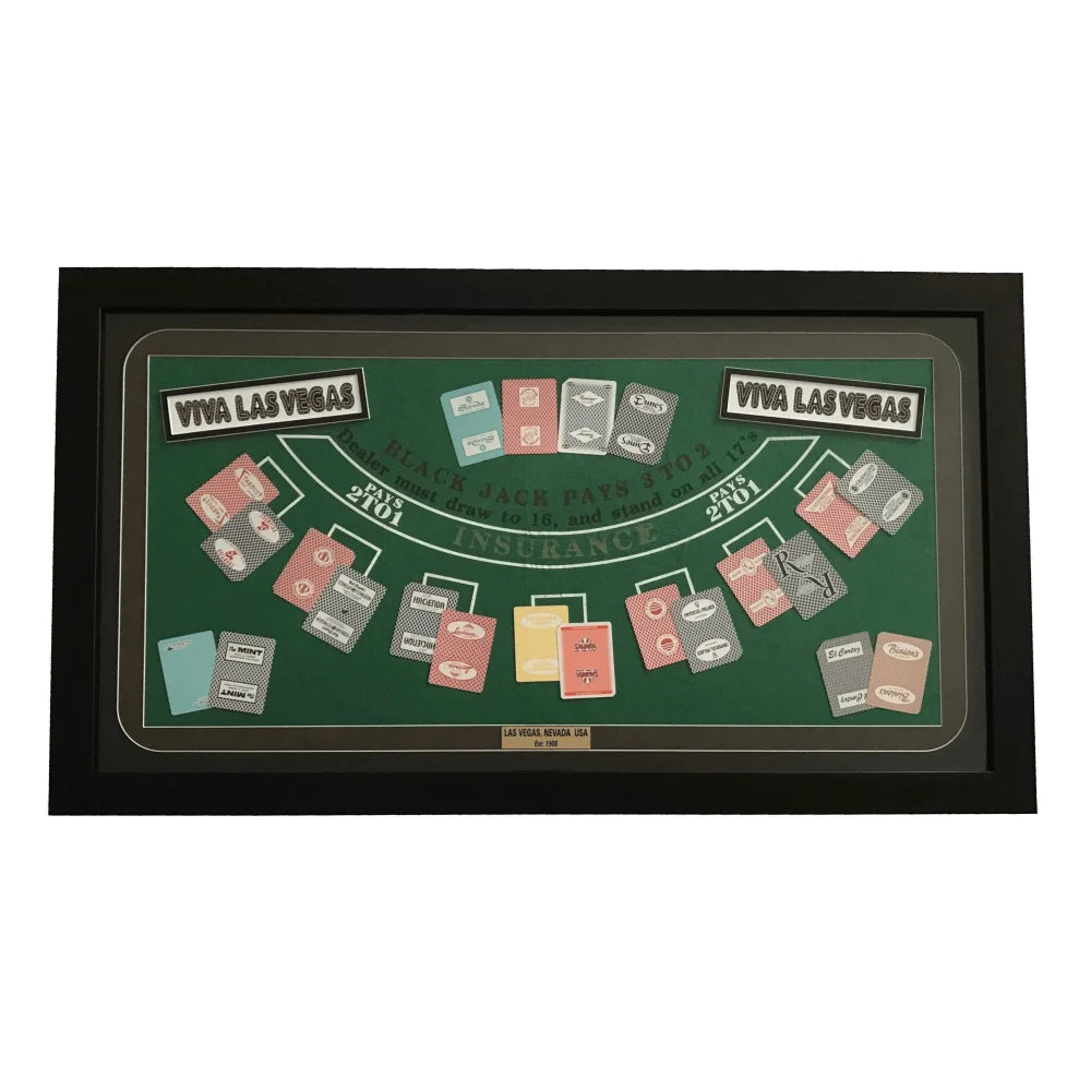 Authentic Las Vegas Casino Playing Cards - Blackjack Table Collage Framed Wall Art #D/100 | Perfect for Game Room Decor, Poker Night & Casino Themed Parties