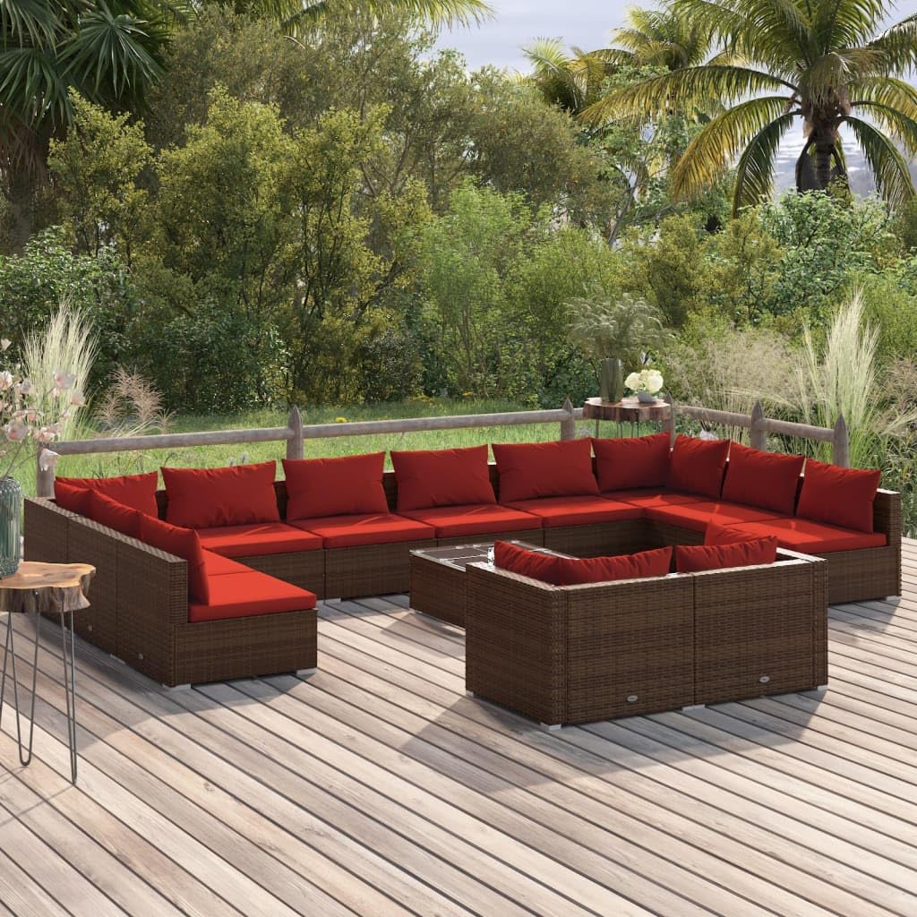vidaXL 13-Piece Patio Lounge Set - Outdoor Garden Furniture, Brown Poly Rattan Sectional Sofa with Cushions for Backyard, Poolside & Terrace Relaxation