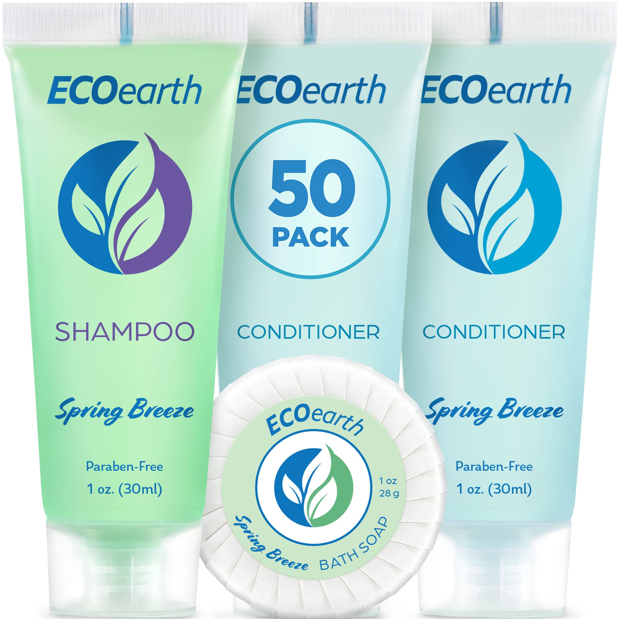 EcoEarth Travel Size Soap, Shampoo & Conditioner Set - 150 Pieces (1 oz Each) | Spring Breeze Scent | Bulk Hotel Toiletries for Guests | Revitalizing & Refreshing Body Care Kit - Perfect for Hotels, Spas, Travel & Hospitality Gifts