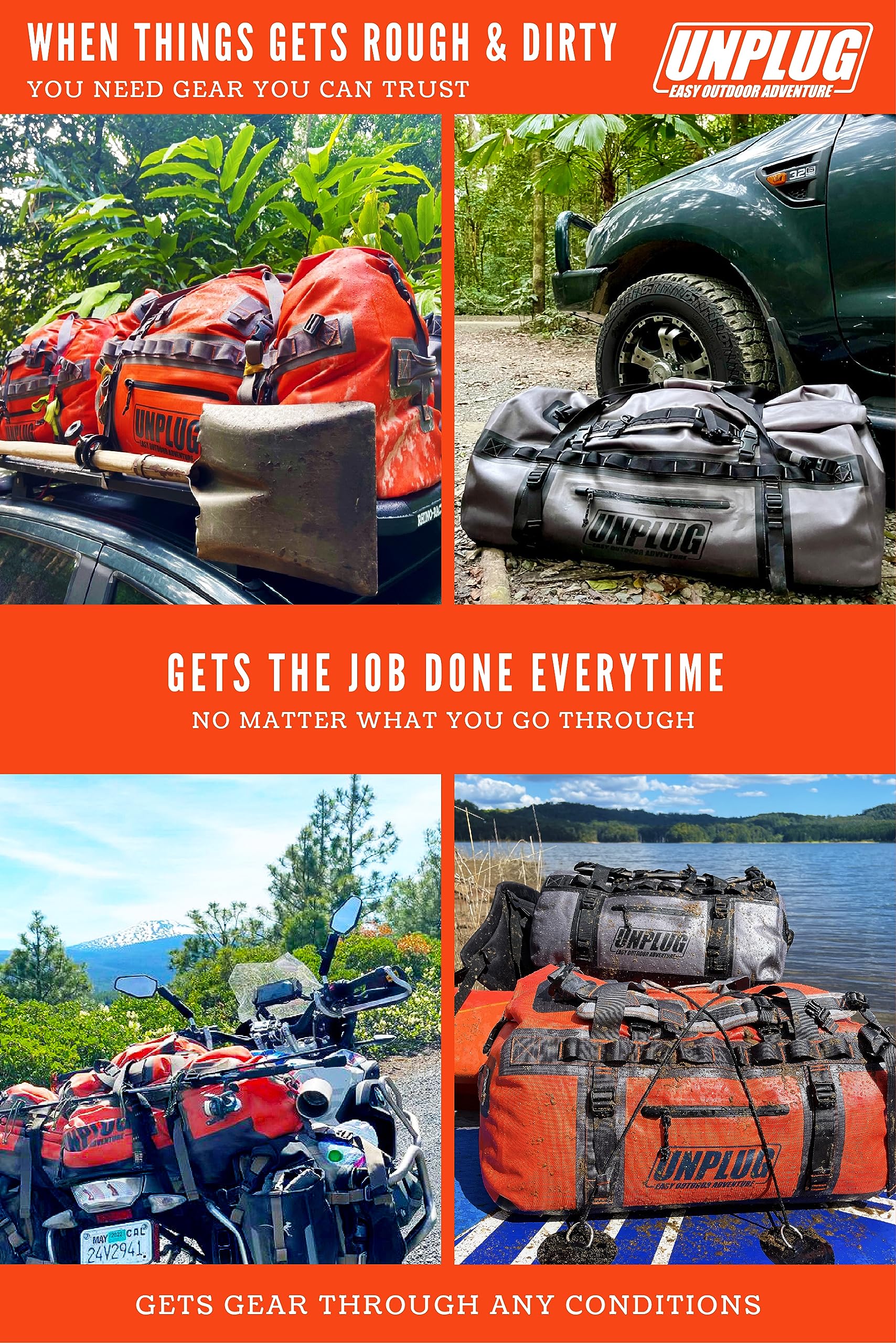 UNPLUG Ultimate Adventure Bag - 1680D Heavy Duty Waterproof Travel Duffel for Camping, Hiking, Motorcycle & Boating | Tactical Duffle Backpack for Outdoor Sports, Military Use & Water Activities