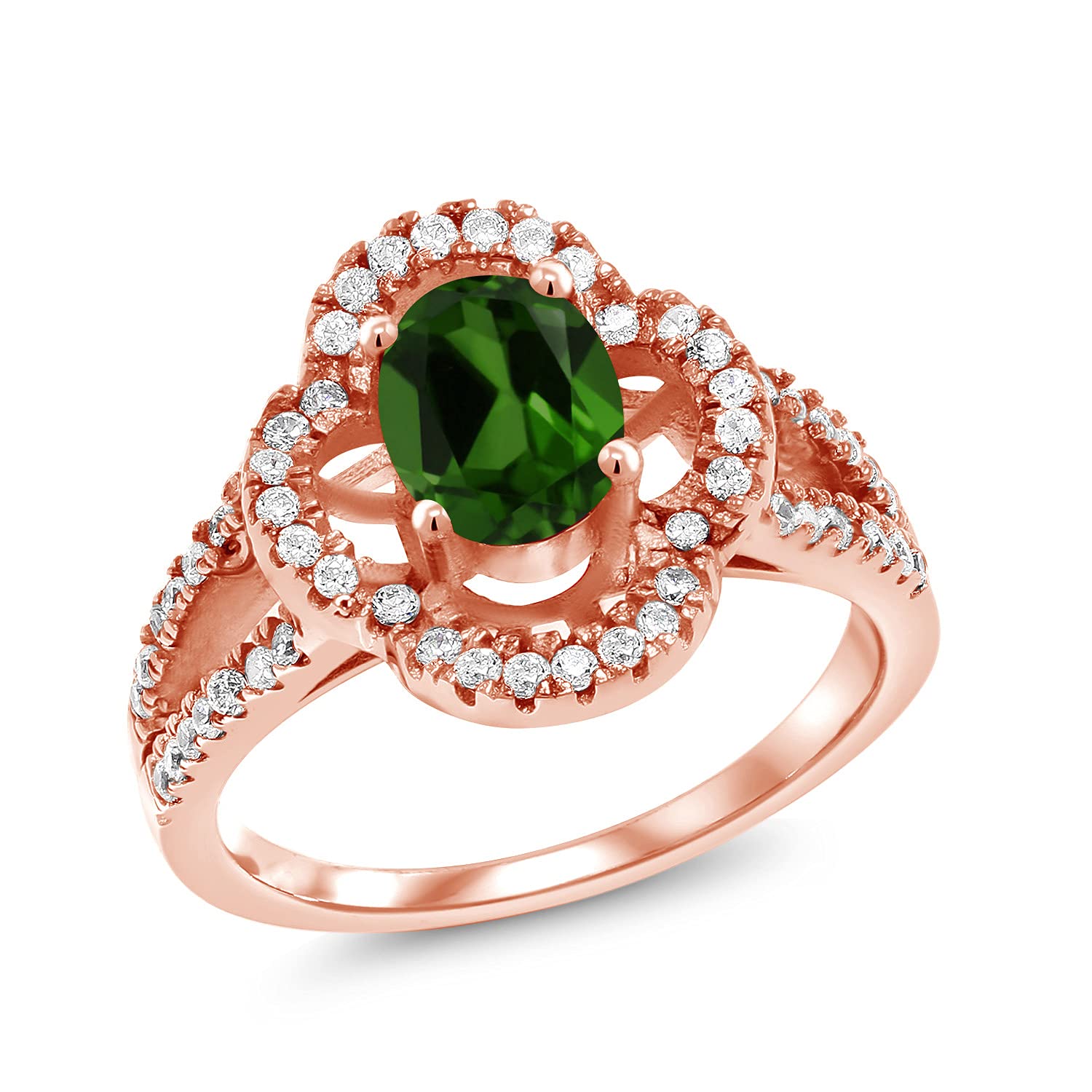 1.57 Ct Oval Green Chrome Diopside Ring - 18K Rose Gold Plated Sterling Silver - Gem Stone King - Perfect for Engagement, Anniversary & Special Occasion Gifts