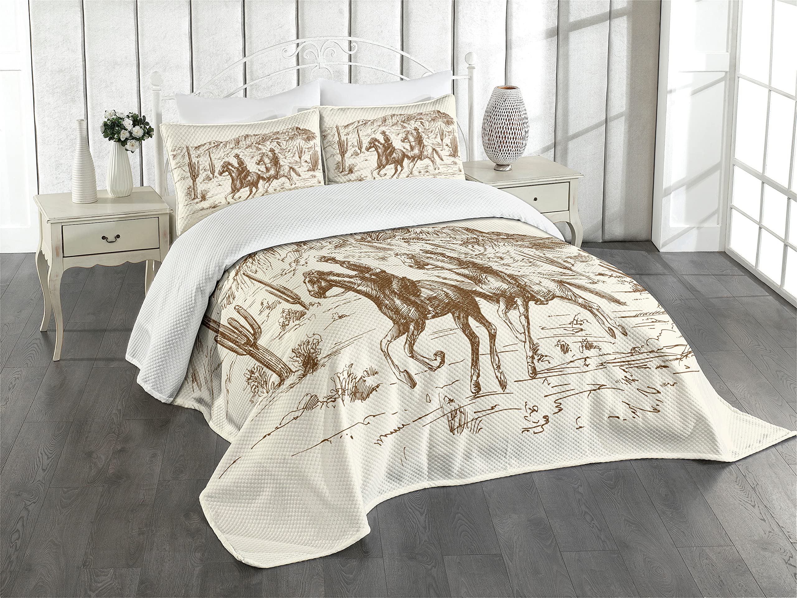 Lunarable Western Bedspread Set - King Size 3-Piece Country Quilt Coverlet with 2 Pillow Shams | Hand-Painted Wild West Desert & Cowboys Design in Umber Cream | Perfect for Ranch, Cabin or Southwestern Home Decor