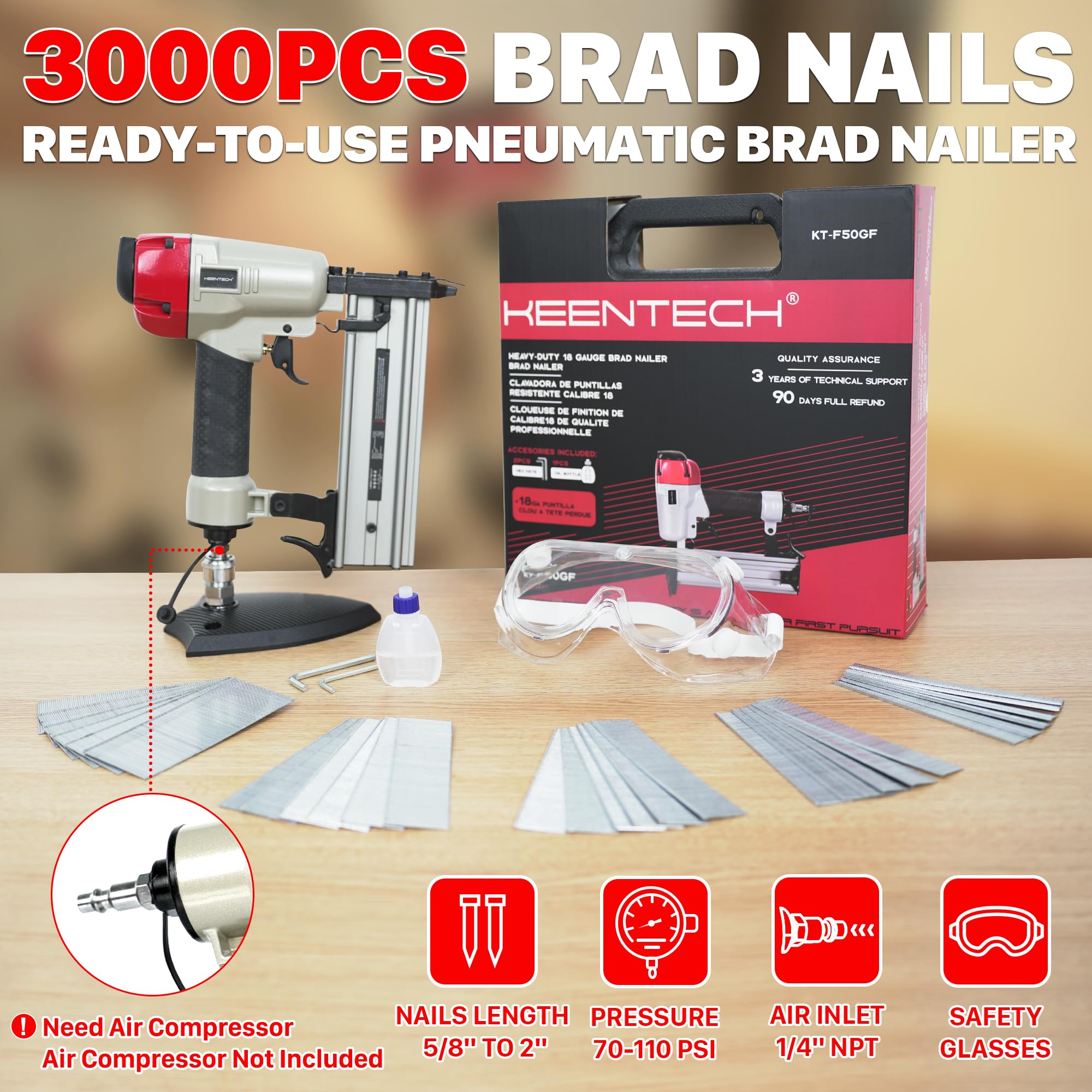 KEENTECH 18 Gauge Pneumatic Brad Nailer Kit - Aluminum Open Magazine Design for 5/8
