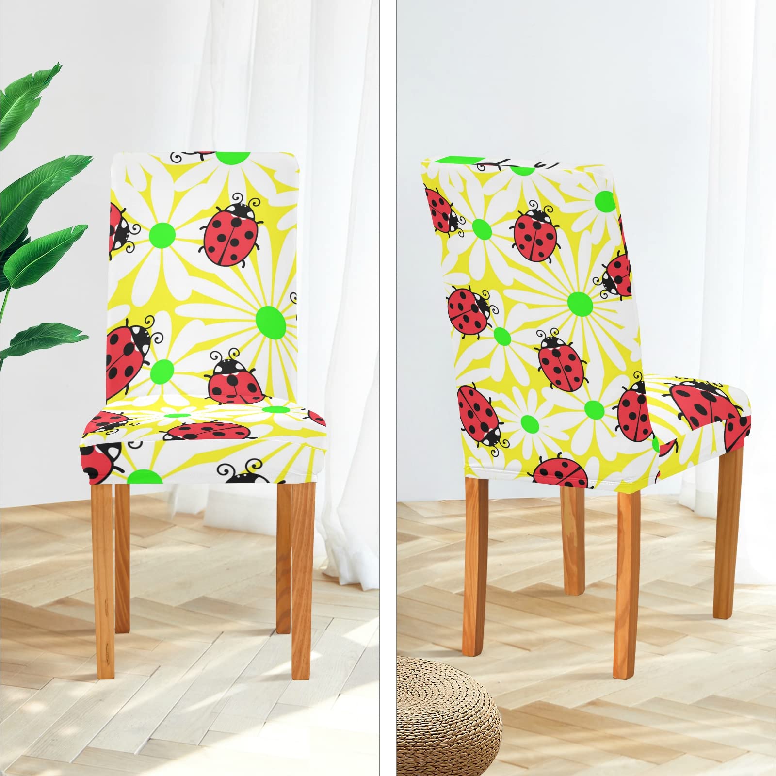 Ladybug Floral Dining Chair Covers Set of 2 - Washable & Stretchable Slipcovers for Dining Chairs - Perfect for Home, Hotel, Wedding & Office Decor