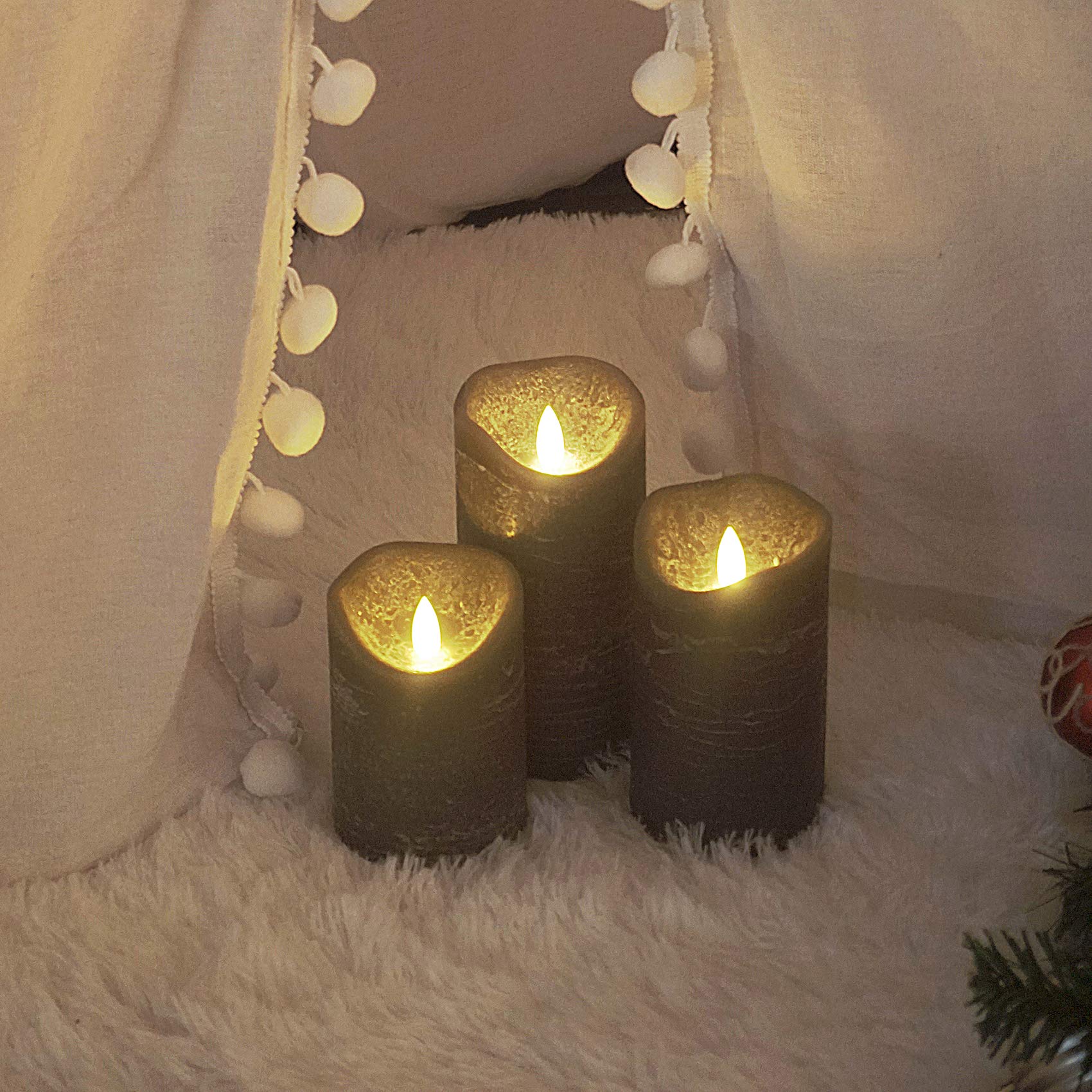 Real Wax Battery Operated Flameless Candles with Timer - Set of 3 Rustic Gray LED Pillar Candles, Realistic Flickering & 6H On/18H Off Auto Cycle - Perfect for Home Decor, Weddings, Restaurants & Relaxation