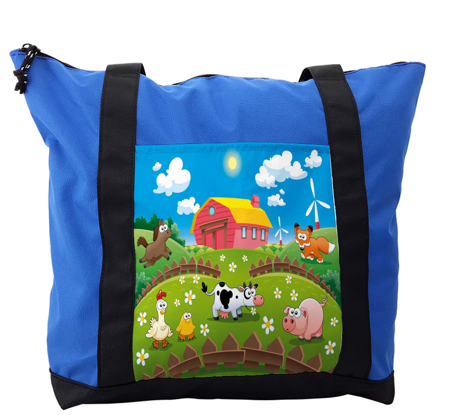Lunarable Cartoon Shoulder Bag - Farm Animal Print with Cow, Horse & Fox Design - Durable Zipper Closure Crossbody Purse for Women - Perfect for School, Travel & Everyday Use