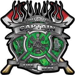 Fire Fighter Captain Maltese Cross Flaming Axe Decal - Reflective Inferno Green Flames for Helmets, Trucks & Firefighter Gear
