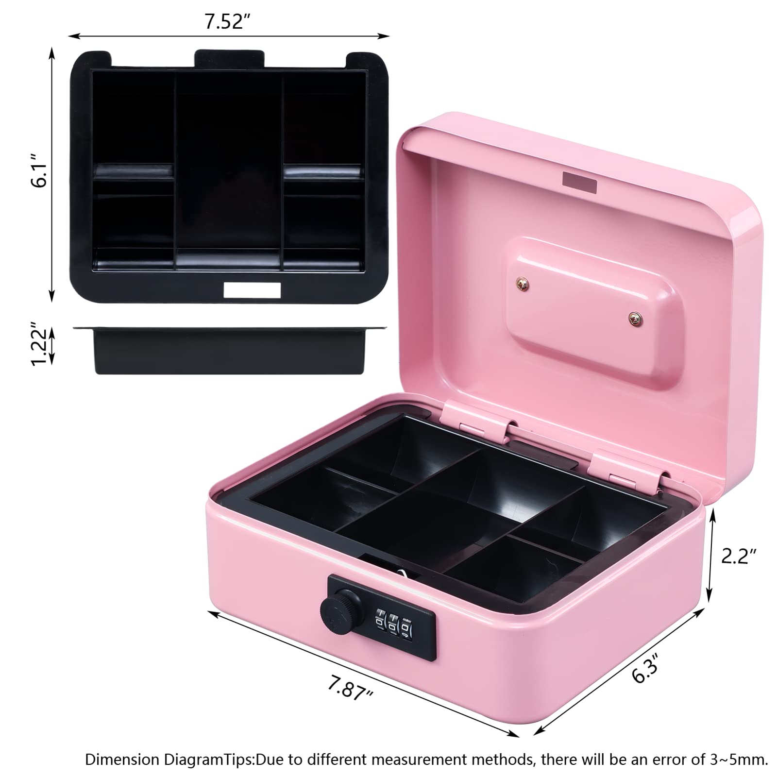 KYODOLED Medium Cash Box with Combination Lock - Secure Metal Money Storage Box with Removable Tray - 7.87x6.30x3.54 Inch Pink Safe for Home, Office, Retail & Small Business Use