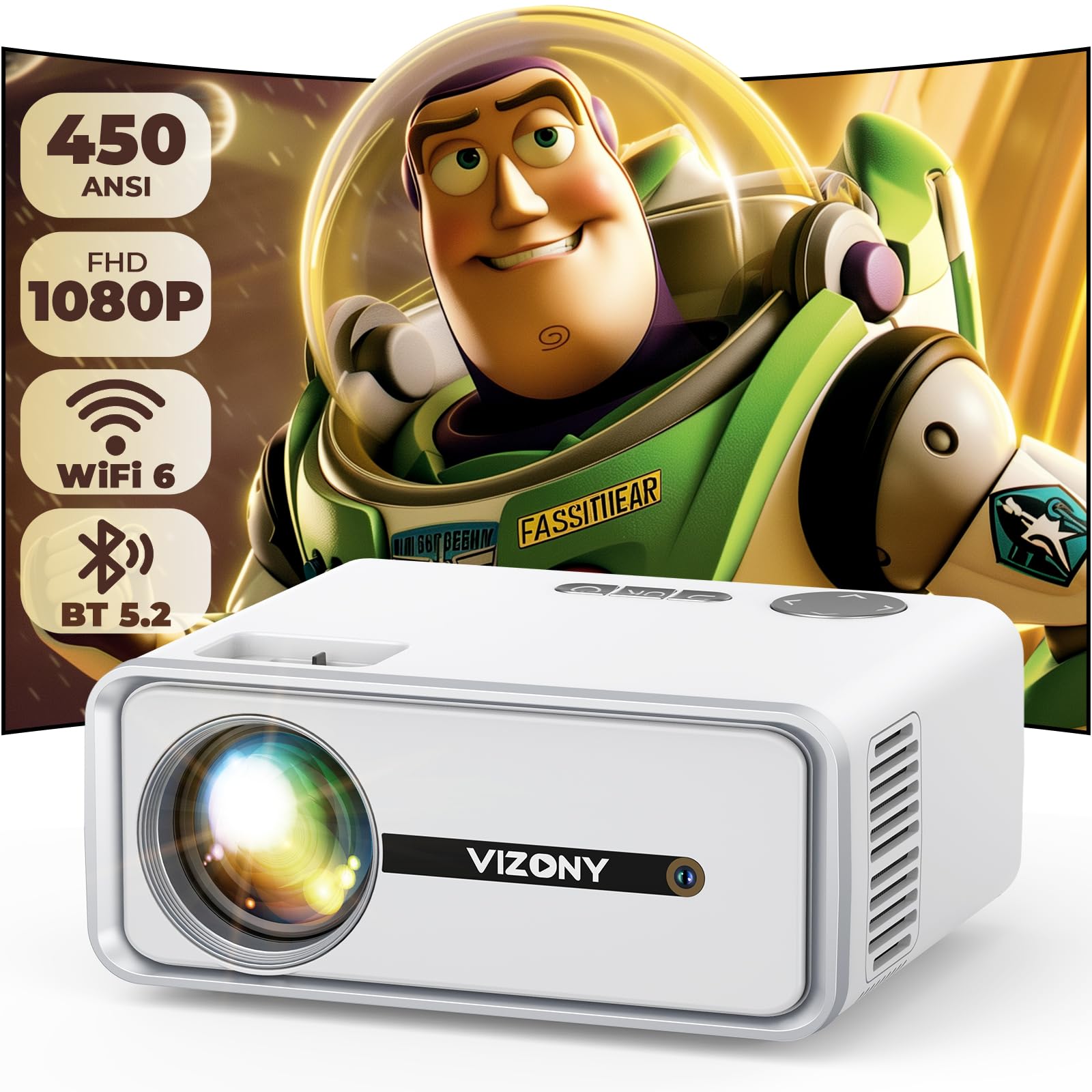 Mini Projector with WiFi and Bluetooth - 450ANSI 1080P FHD Portable Movie Projector for Home & Outdoor, 250