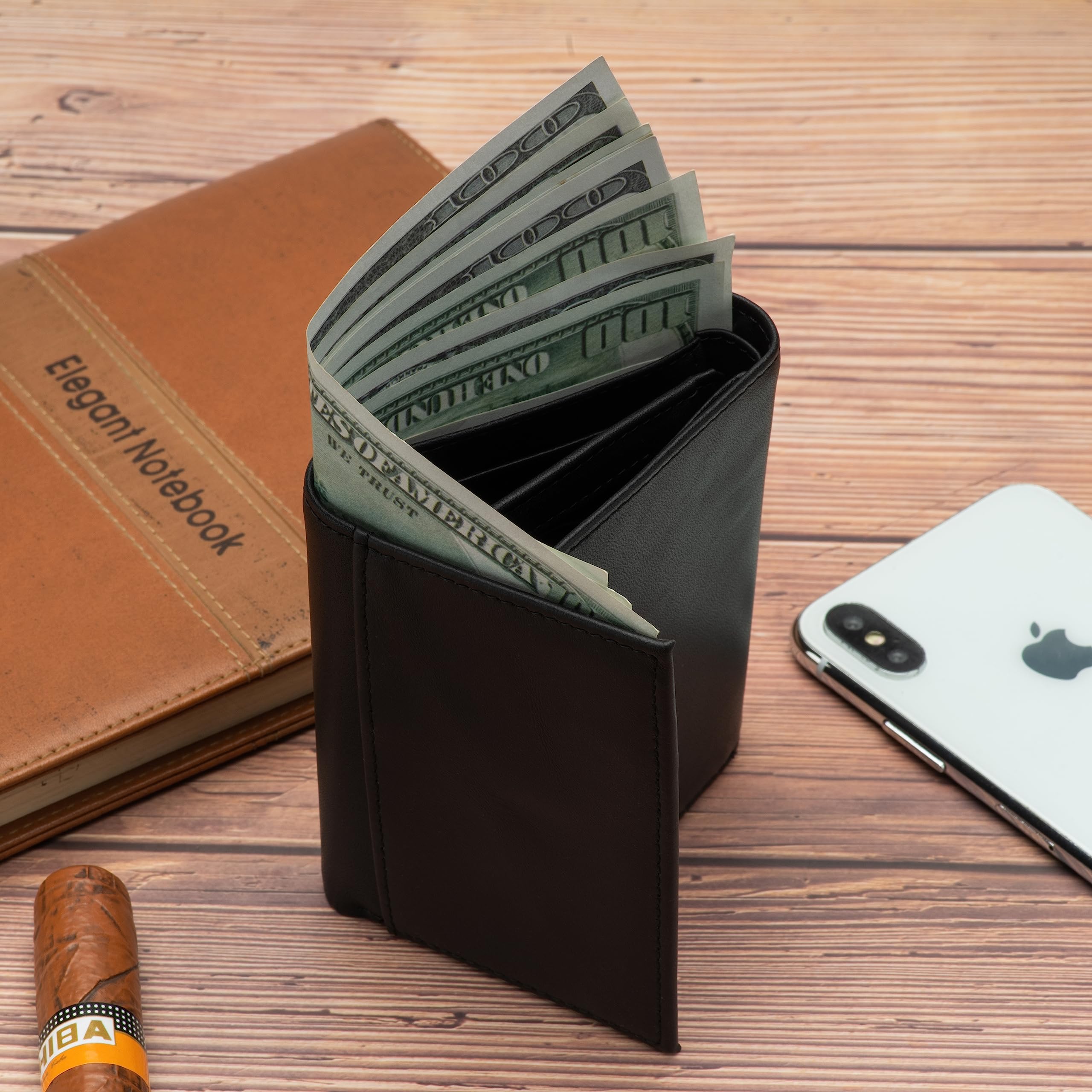 Men's RFID Blocking Genuine Leather Trifold Wallet with 3 ID Windows - Black - Perfect for Everyday Use, Travel, and Business