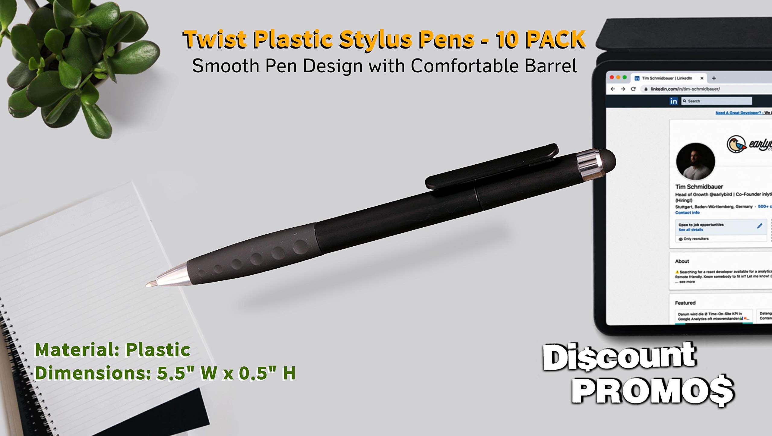 10-Pack Twist Plastic Stylus Pens with Ballpoint Tip & Rubber Grip - Black - Perfect for Touchscreens, Tablets, Smartphones & Digital Signatures