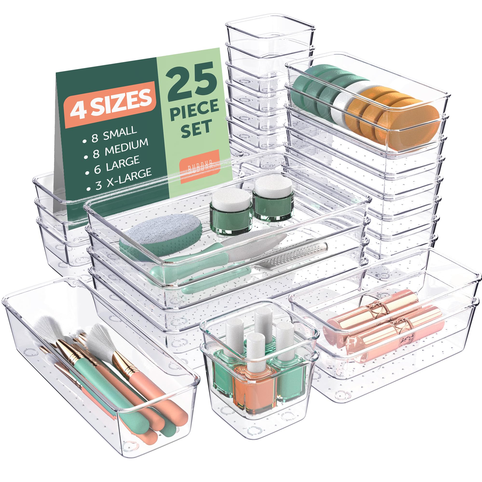 25-Piece Clear Plastic Drawer Organizer Set - 4 Sizes for Makeup, Jewelry, Kitchen & Office Storage - Non-Slip Bathroom Vanity Trays - Perfect for Bedroom, Bathroom & Kitchen Organization