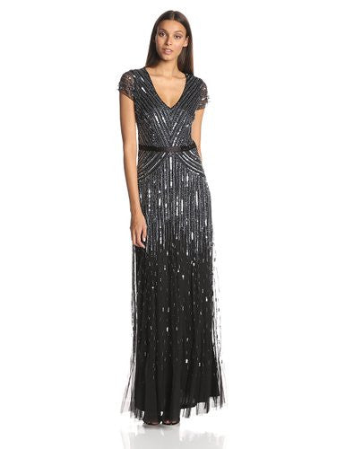 Adrianna Papell Beaded V-Neck Gown in Gunmetal - Elegant Evening Dress for Prom, Wedding & Formal Events