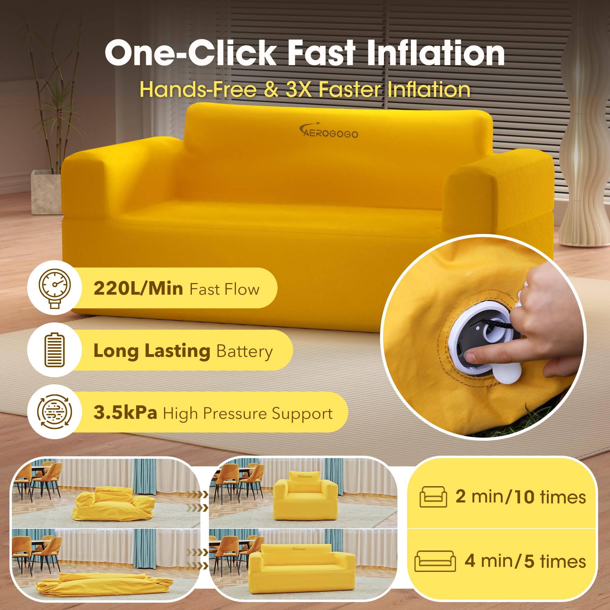 **Inflatable Couch with Built-in Pump - Portable Self-Inflating Sofa for Camping, Beach, Picnic & Home - 4kPa High-Pressure Durable Loveseat (Yellow) - Perfect for Outdoor Relaxation & Indoor Lounging**