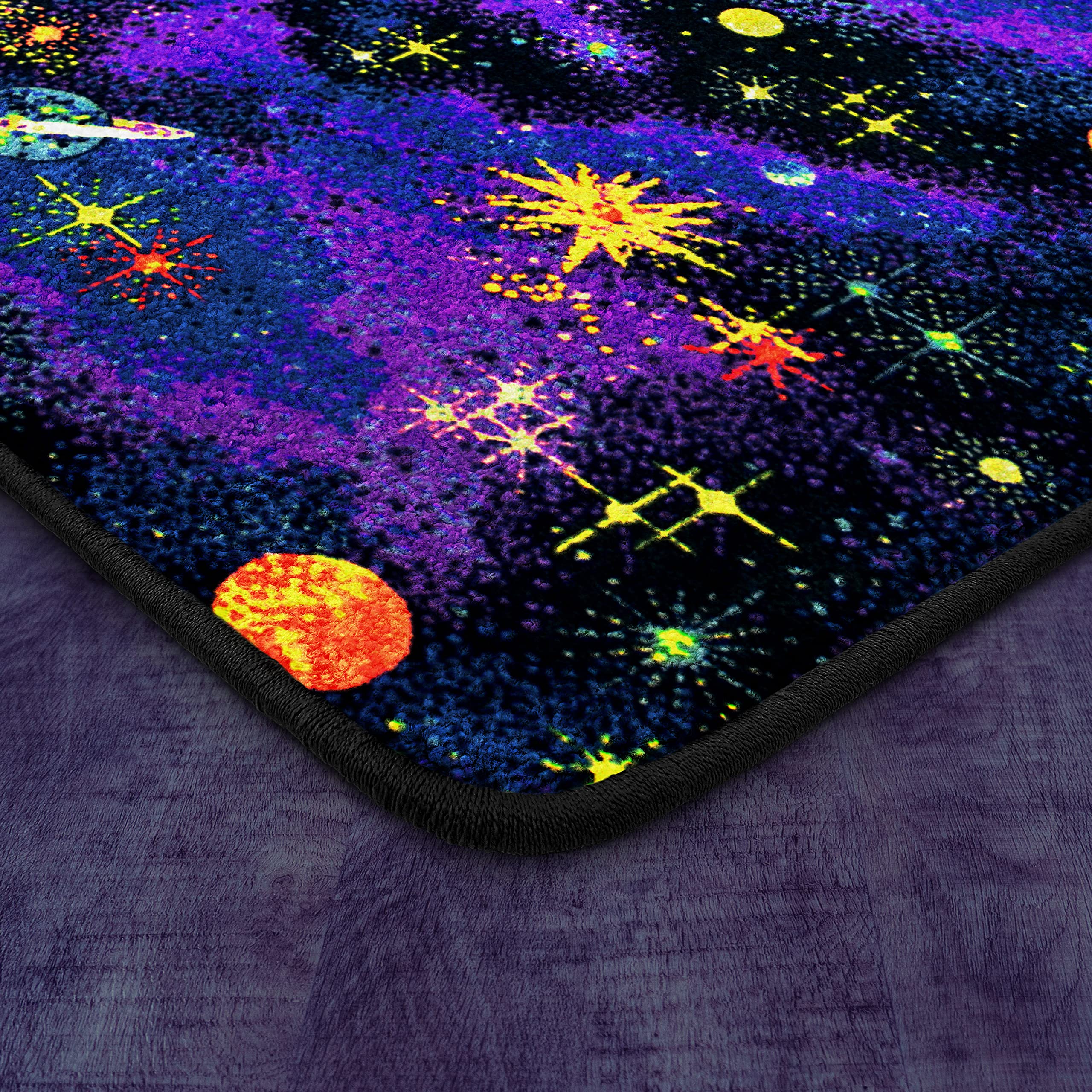 Joy Carpets Fluorescent Space Explorer 4' x 6' Kids Area Rug - Galaxy Themed Bedroom Decor for Boys & Girls | Playroom, Nursery, Dorm Room Floor Mat
