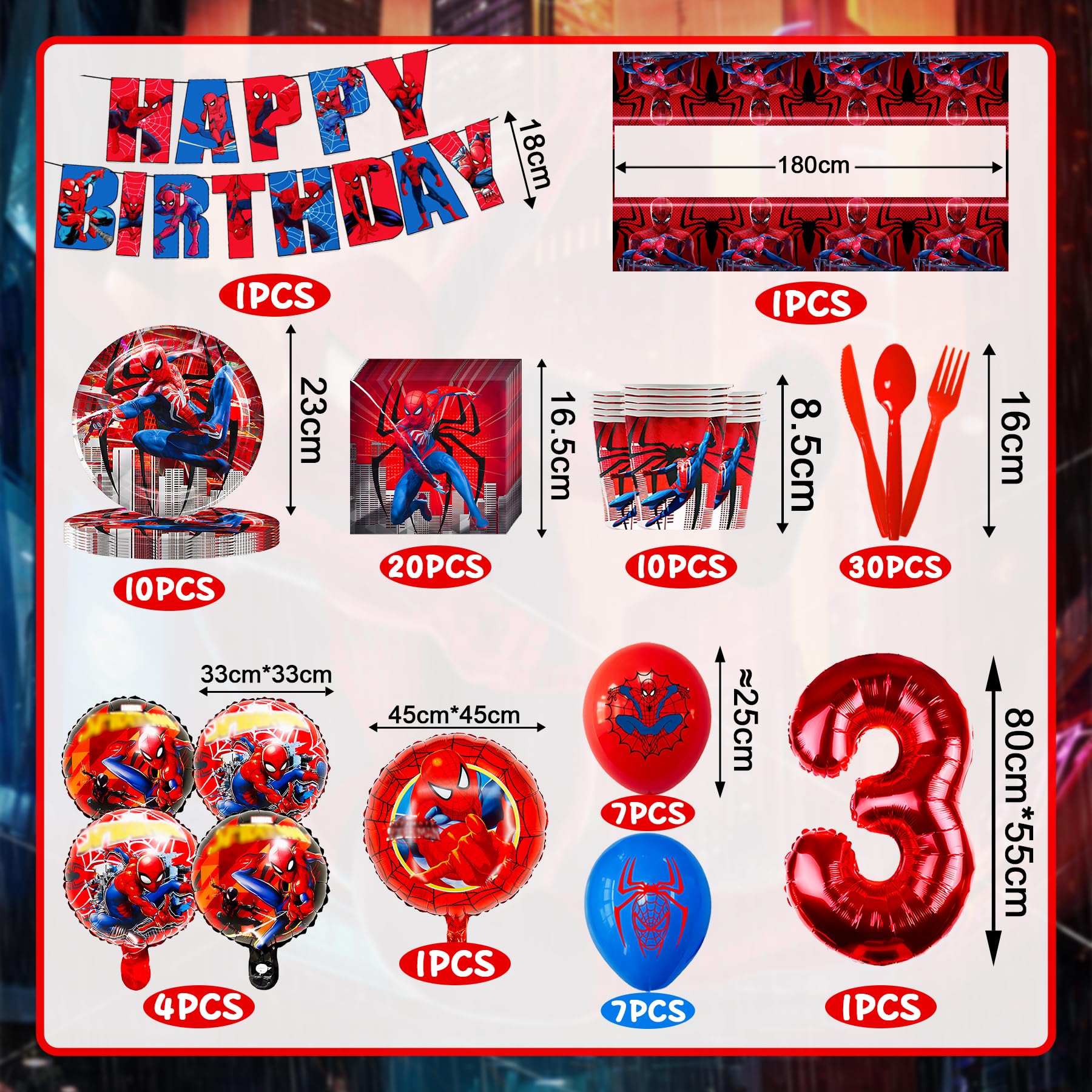 **Gozuein 93-Piece Spiderman Birthday Party Decorations Set - Balloons, Plates, Napkins, Tablecloth for Kids' 3rd Birthday & Superhero Themed Parties - Perfect for Indoor & Outdoor Celebrations**