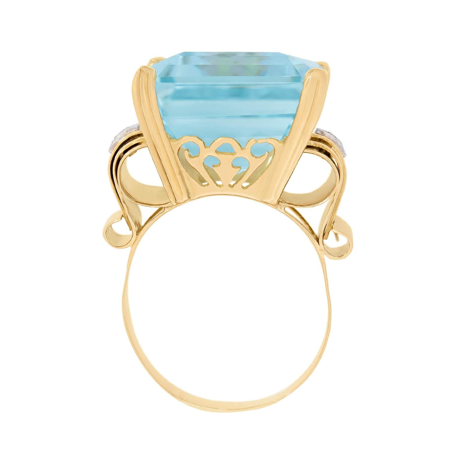 GIA Certified 16k Rose Gold Vintage Aquamarine and Diamond Cocktail Ring - 30.05 Carat Statement Jewelry for Weddings, Anniversaries & Special Occasions