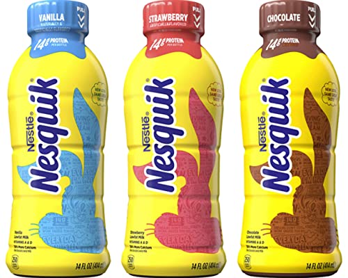 NesQuik Protein Variety Pack - Vanilla, Chocolate & Strawberry Flavored Milk (14oz Bottles, Pack of 9) | High Protein Drink for Kids & Adults | Perfect for Breakfast, Post-Workout & School Lunches