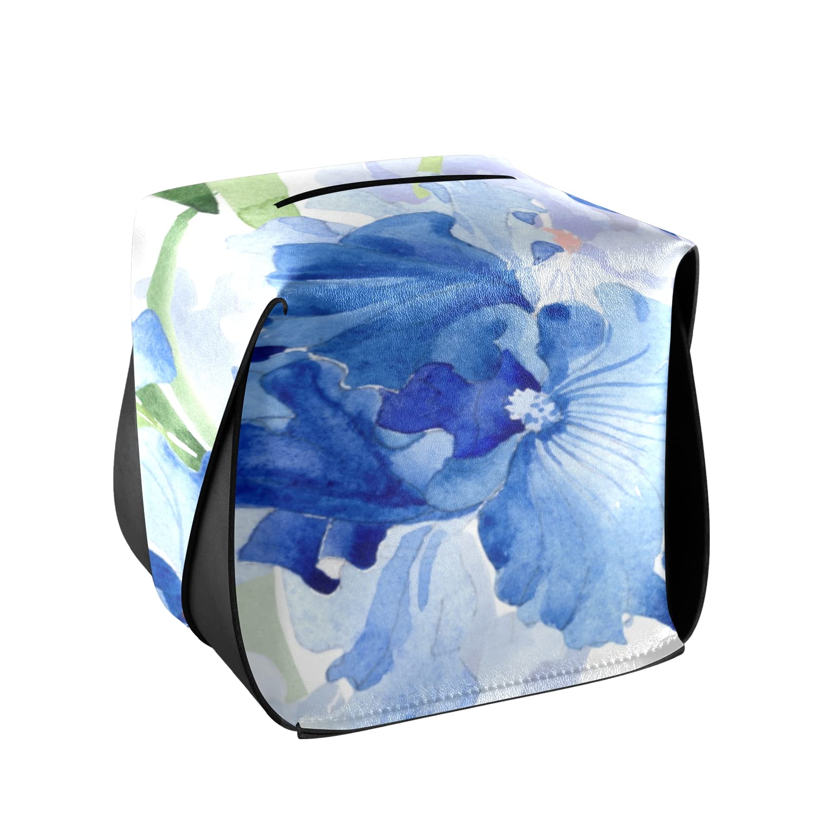 Watercolor Blue Iris Flowers with Green Leaves Botanical Print Leather Tissue Box Cover - 5.7x5.7x5.7 Inch Rectangle Home Decor for Bathroom, Nightstand, Vanity, Office Desk & Car Interior