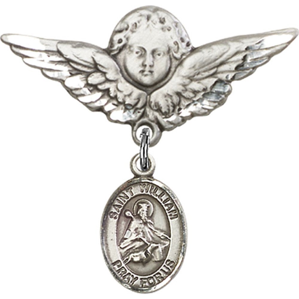 Sterling Silver Baby Badge Pin - St. William of Rochester Charm & Angel Wing Pendant - Religious Jewelry Gift for Christening, Baptism & Baby Blessing Ceremonies
