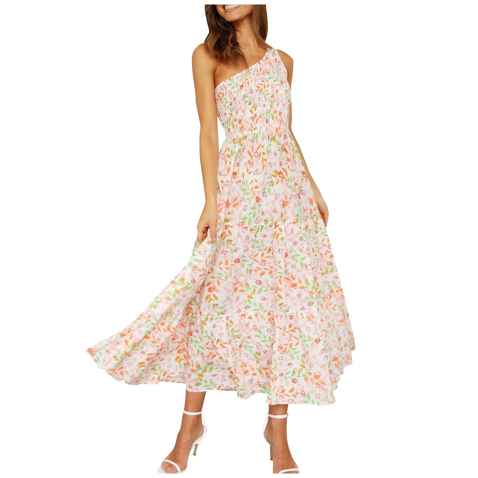 Usupdd Women's One Shoulder Sleeveless Boho Floral Print Smocked Maxi Dress - Flowy Tiered Summer Beach Dress for Vacations, Parties & Outdoor Events