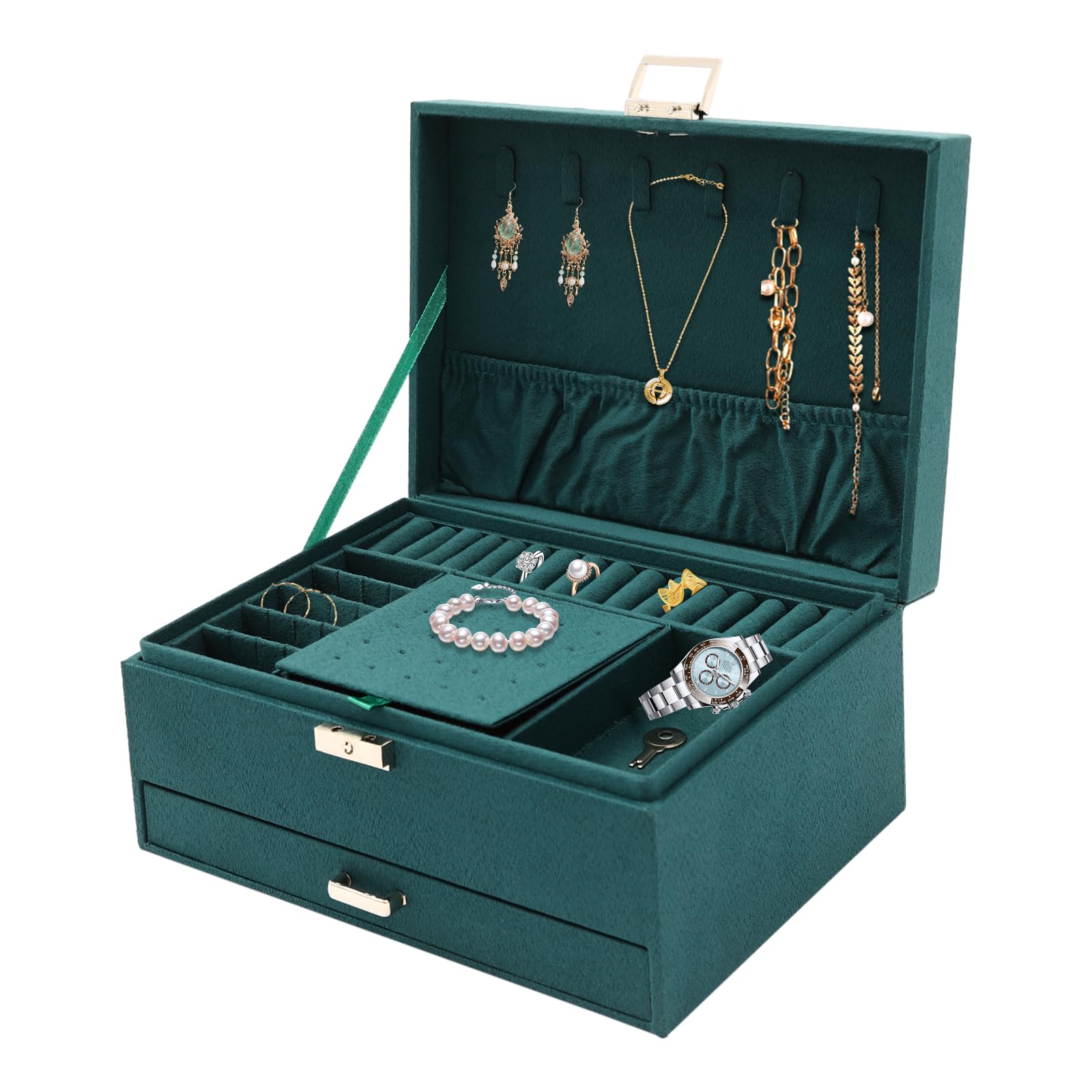 Elegant Green Flannel Jewelry Box with Lock - 3-Layer Organizer for Watches, Necklaces & Rings | Perfect Gift for Women, Travel & Home Storage