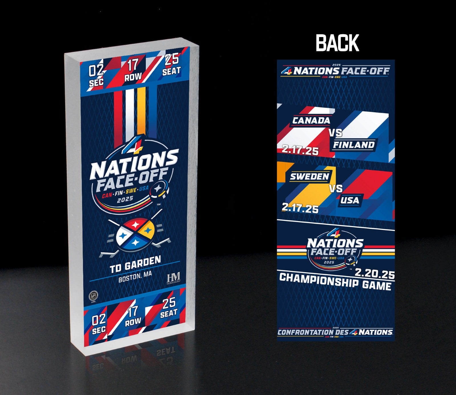 4 Nations Face Off Boston Ticket Acrylic Block - Collectible Souvenir for Sports Fans, Home & Office Decor