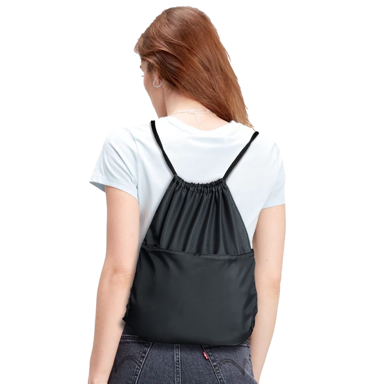 Lightweight 210D Nylon Drawstring Backpack with Zipper Side Pocket - Foldable Sports Gym Tote Bag for Men & Women (Black) - Perfect for Workouts, Travel, School & Outdoor Activities