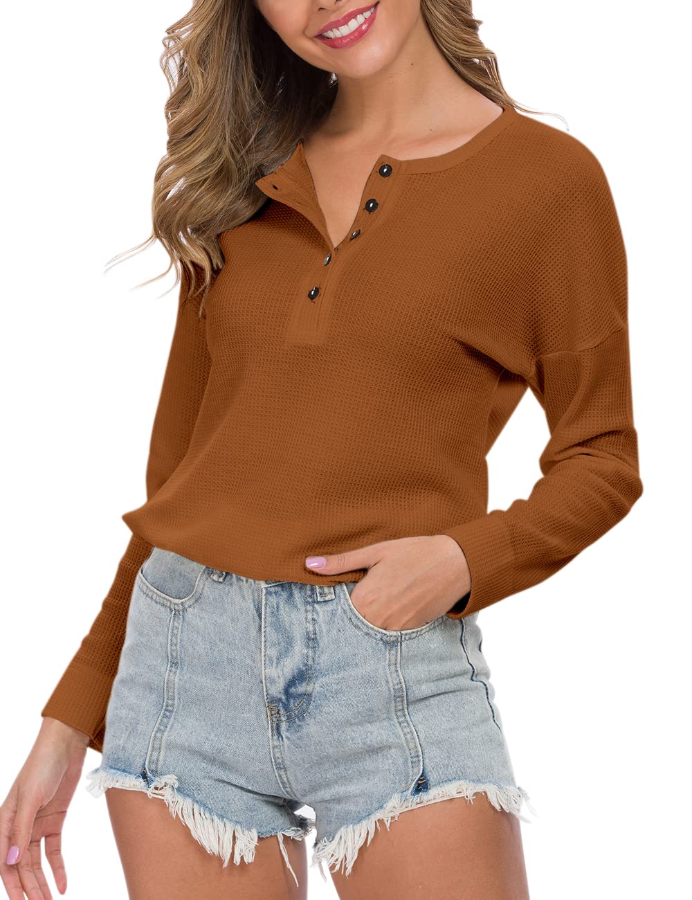 WNEEDU Women's Waffle Knit Tunic Top - Long Sleeve Loose Fit Button Up V-Neck Henley Shirt for Casual Wear, Office & Fall Outfits