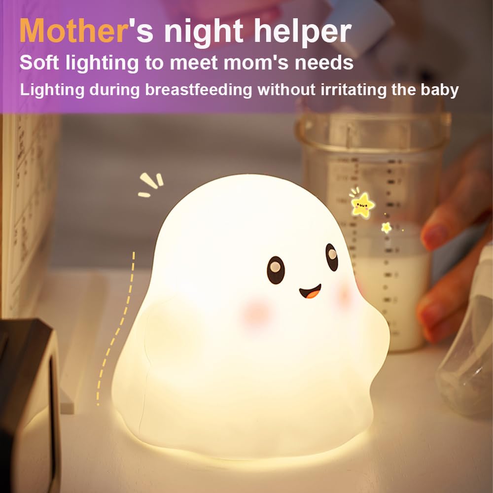 Kids Ghost Night Light - Adjustable Dimmable Silicone Nursery Lamp with 13 Interactive Sound Effects & Touch Sensor | Halloween Decor, Christmas Gift for Children (White Ghost) - Perfect for Bedrooms, Nurseries, and Holiday Decorations