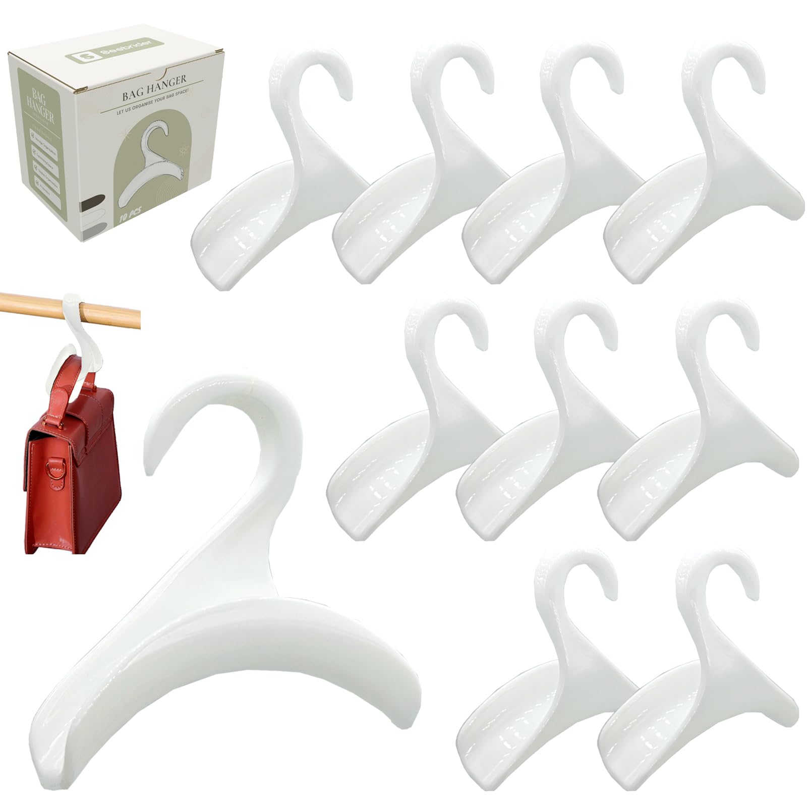 10 Pack White Bag Hanger Hook for Closet - Purse Holder & Organizer for Backpacks, Totes & Handbags | Space-Saving Storage Solution for Bedroom, Office & Dorm