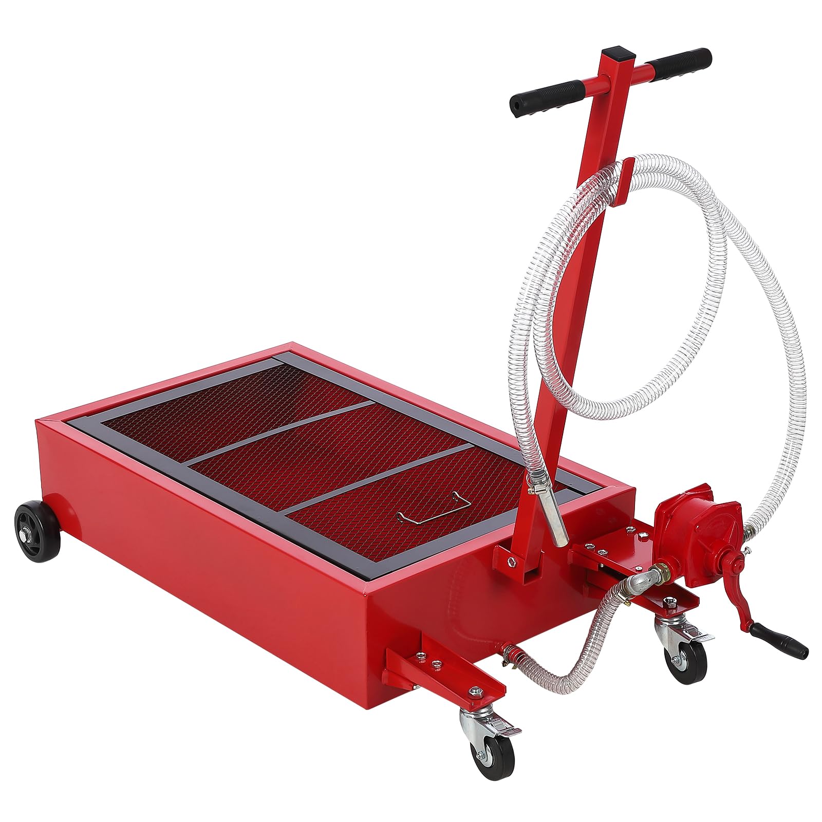 **20 Gallon (76L) Low Profile Oil Drain Pan with Manual Pump & Wheels - Heavy Duty Oil Change Pan for Cars, SUVs, Trucks - Includes 8FT Hose & Foldable Handle for Easy Transport & Storage**    *(Perfect for DIY Oil Changes, Auto Shops, and Quick Garage Maintenance)*