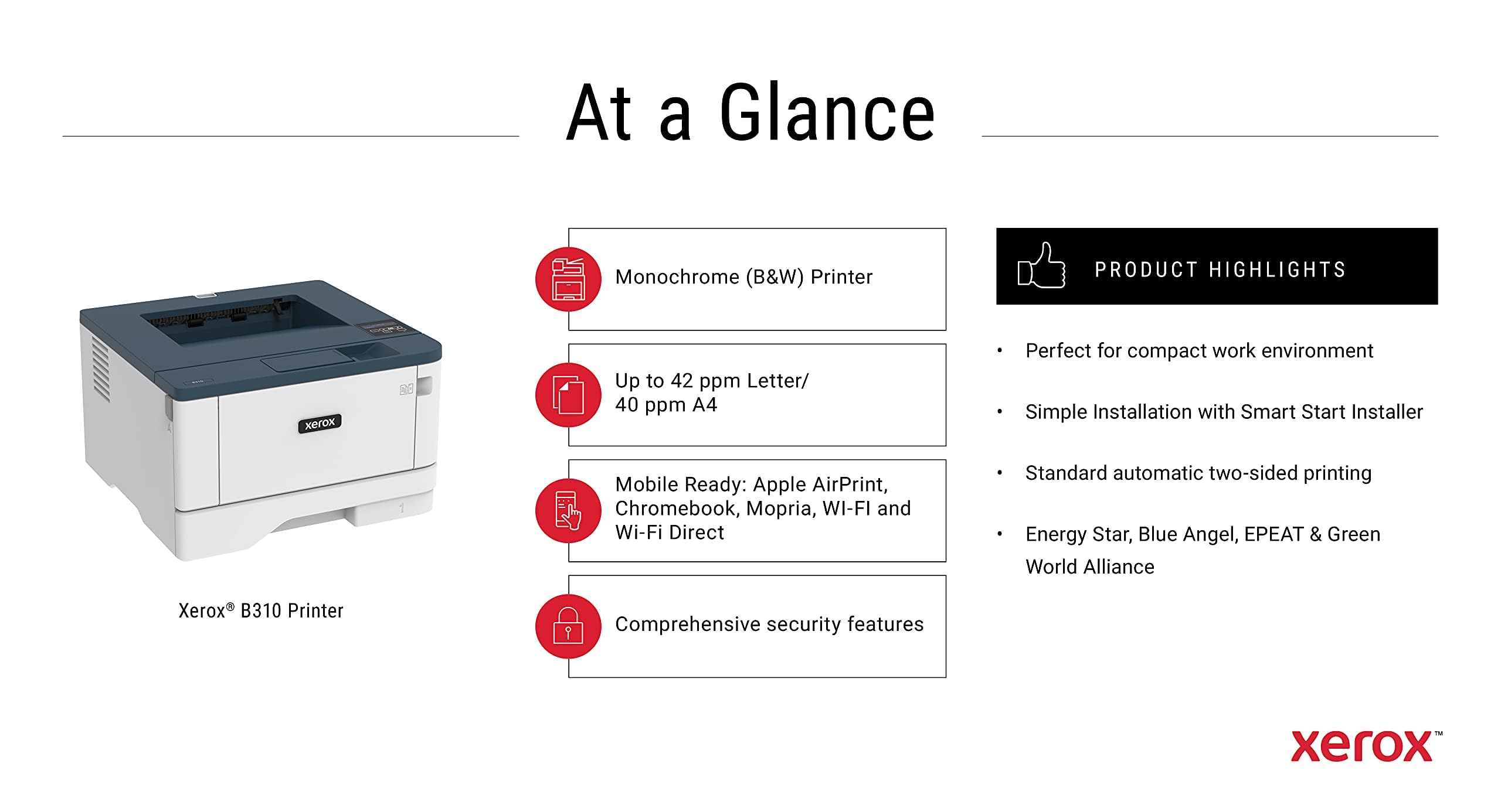 Xerox B310dni Wireless Laser Printer - 40ppm A4 Black & White Printer with Automatic 2-Sided Duplex Printing | Ideal for Home Office, Small Business & Remote Work Printing Needs