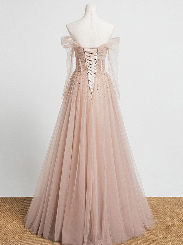 Elegant Champagne Pink Tulle Beaded Long Prom Dress for Evening Gala & Formal Events - Perfect for Homecoming, Wedding Guest, and Special Occasions