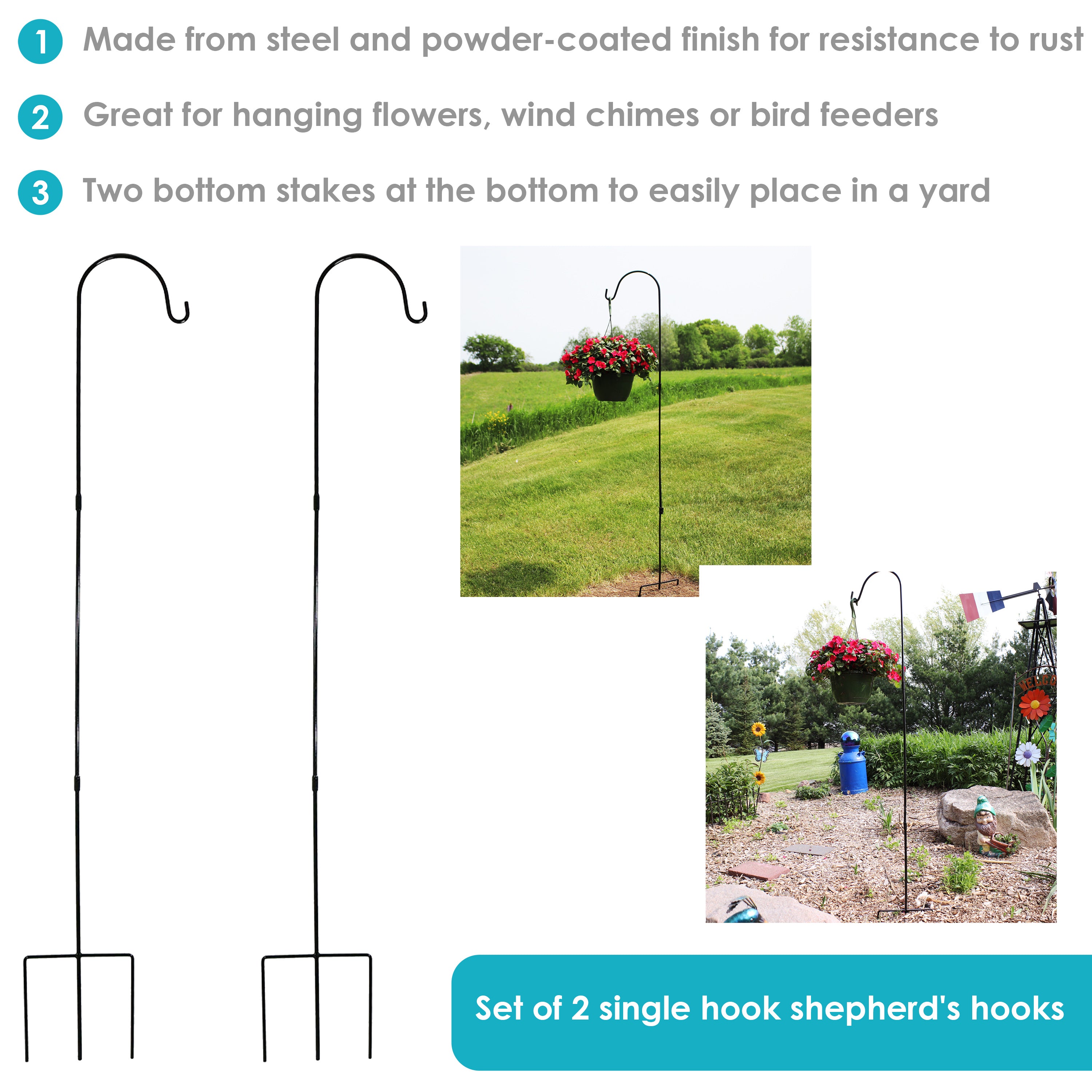 Sunnydaze Decorative Single Shepherd Hooks Set of 2 - 82 Inch Tall Outdoor Garden Hooks for Hanging Plants, Lanterns & Bird Feeders - Perfect for Patio, Yard & Landscape Decor