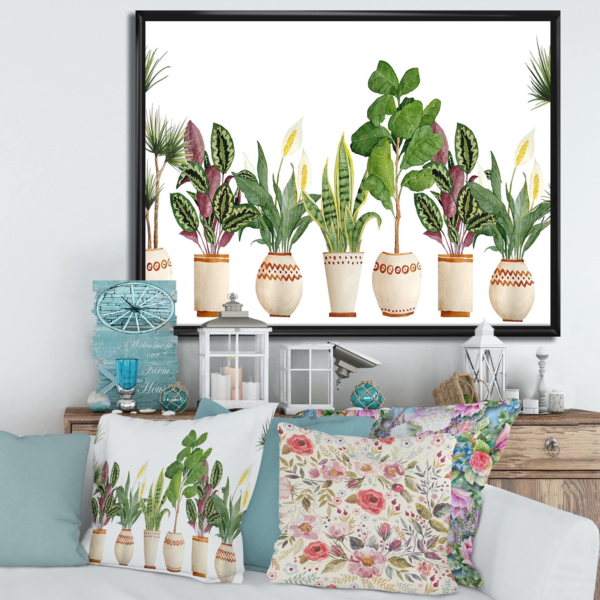 DesignQ Trio of Houseplants Sansevieria Snake Plant - Farmhouse Style Framed Canvas Wall Art Print for Living Room, Bedroom & Office Decor
