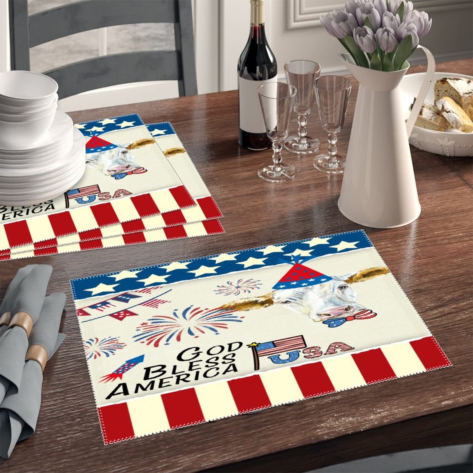 God Bless America Cow Farmhouse Placemats Set of 4 - Stain-Proof, Non-Slip & Heat Resistant - Patriotic American Flag Retro Table Decor for Dining, Kitchen & Banquet - Perfect for Memorial Day, 4th of July & Everyday Use