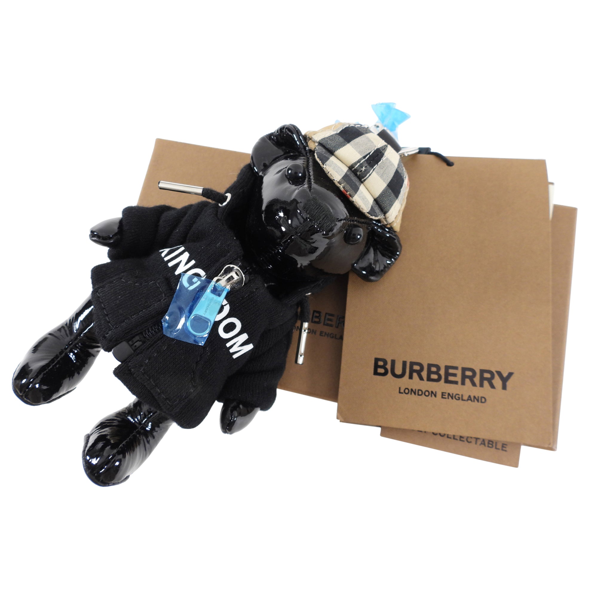 Burberry Limited Edition Black Patent Thomas Kingdom Teddy Bear Bag Charm - Luxury Designer Accessory for Handbags & Backpacks - Perfect Gift for Fashion Lovers