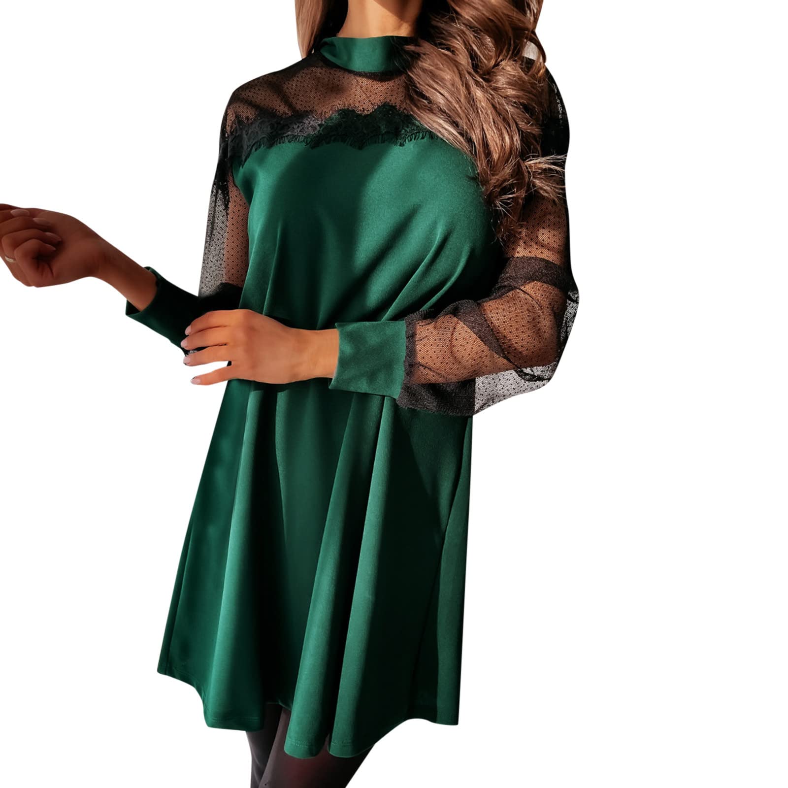 Elegant Lace Mesh Long Sleeve Round Neck Dress for Women 2022 - Sexy Stitched Ladies Dress for Party, Wedding & Evening Occasions