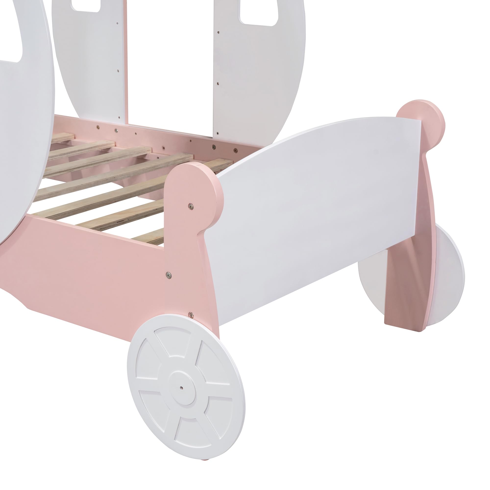 **Princess Carriage Bed for Girls - Twin Size Wooden Platform Bed with Crown & Stairs, White & Pink - Perfect for Kids' Bedroom, Fairy Tale Themed Room & Sleepover Fun**