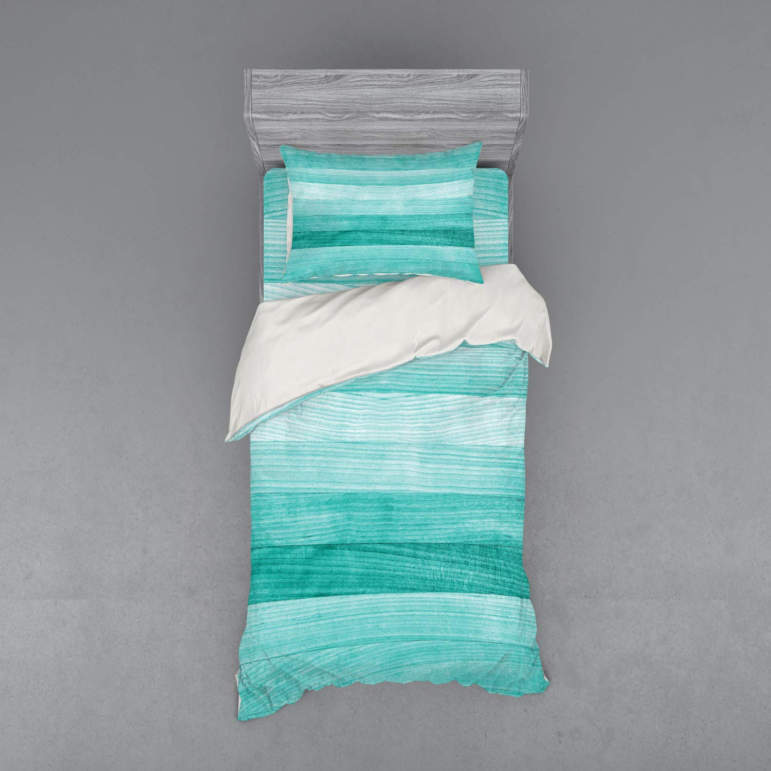 Ambesonne Teal Duvet Cover Set - 3 Piece Bedding Set with Sham & Fitted Sheet, Twin XL Size, Painted Wood Board Design with Horizontal Lines, Turquoise - Perfect for Easter Decor, Birthday Party Backdrop & Cozy Bedroom Makeover