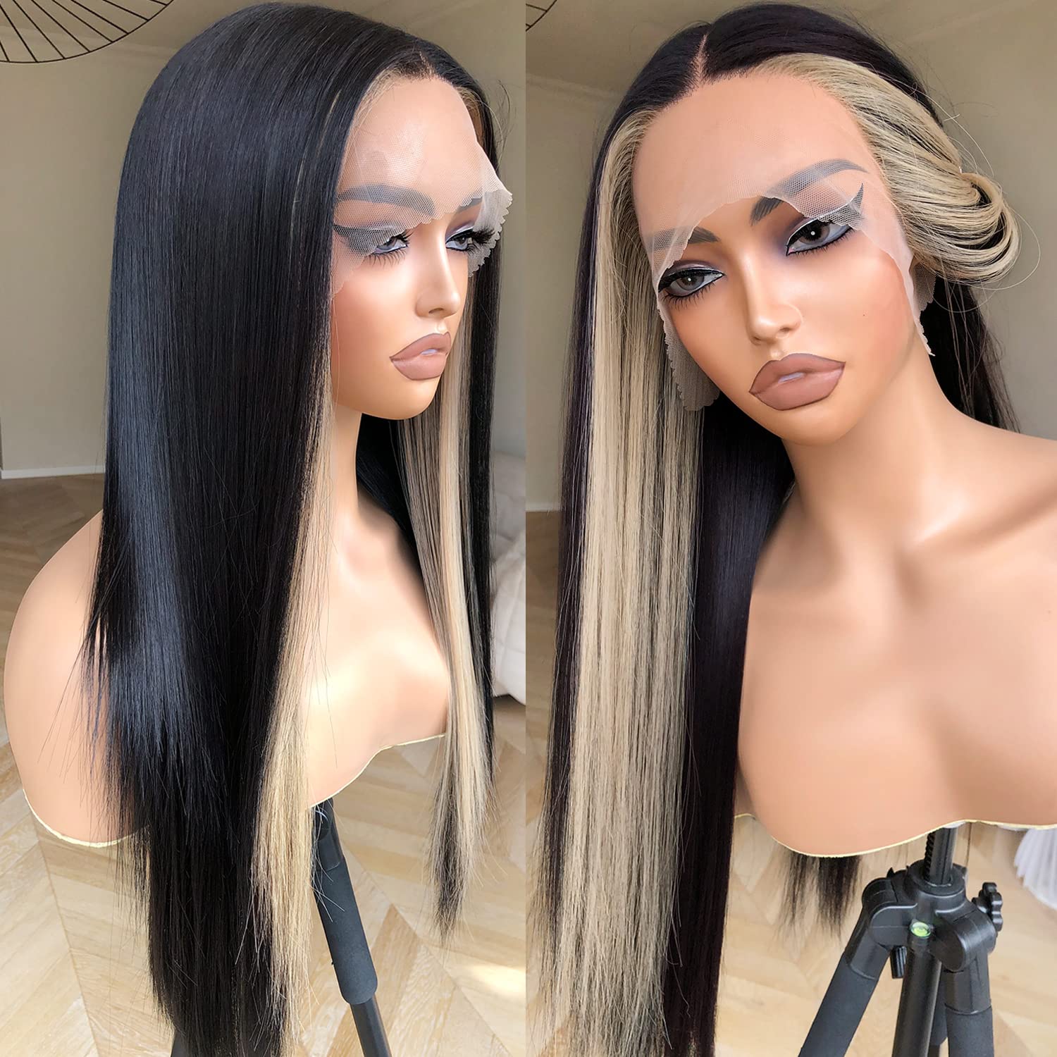 13x5x1 HD Glueless Synthetic Lace Front Wig for Women - 180 Density 26inch Skunk Stripe Black & Blonde Pre-Plucked Ready to Wear Wig | Perfect for Cosplay, Halloween Costumes, and Fashion Styling