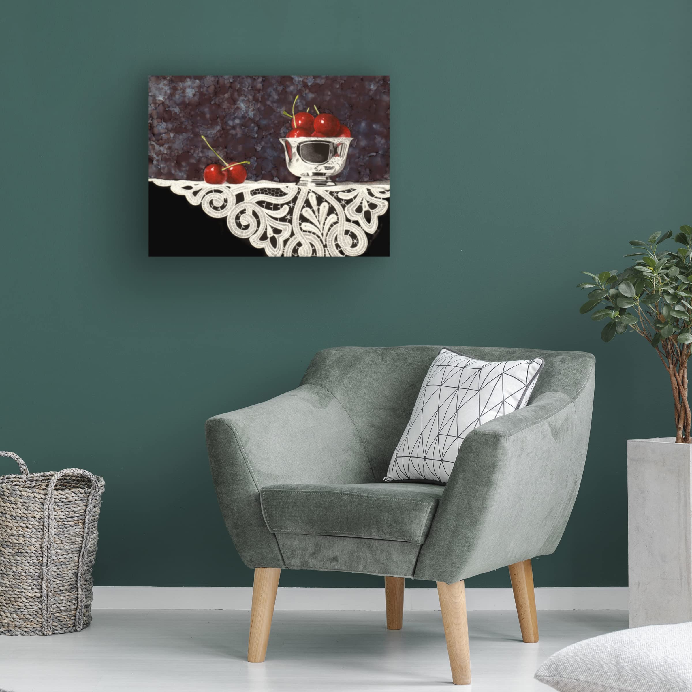 Trademark Fine Art 'Bowl Of Cherries With Lace' Canvas Wall Art Print by Sandra Willard - Vibrant Fruit Still Life Painting for Kitchen, Dining Room & Home Decor