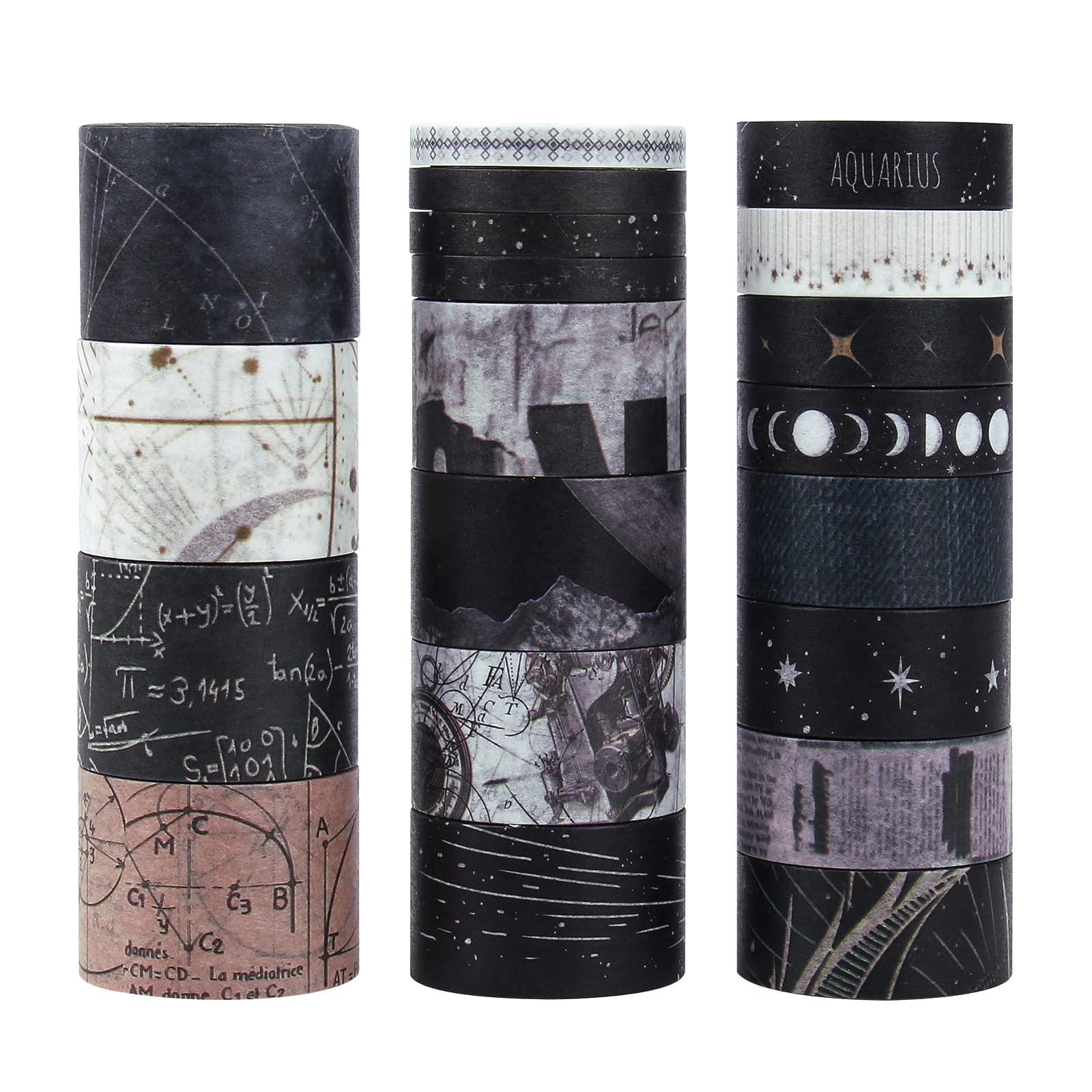 20 Rolls Black Washi Tape Set - Space & Dark Academy Series | Gothic Aesthetic Decorative Tapes for Scrapbooking, Bullet Journaling, DIY Crafts & Home Decor