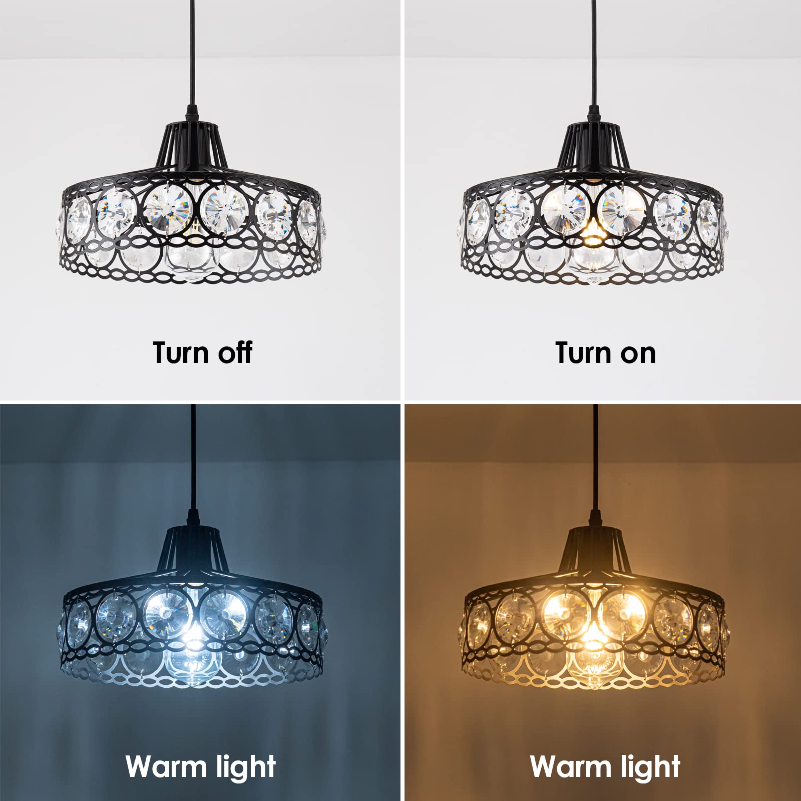Crystal Pendant Light - Black Industrial Metal Chandelier with 15Ft Cord & On/Off Switch | Modern Hanging Lamp for Kitchen Island, Dining Room, Bedroom | Plug-in Swag Light Fixture (D11.42) for Home Decor & Interior Lighting